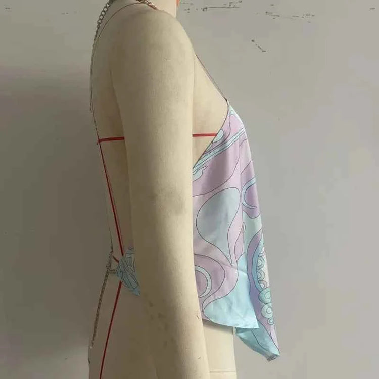 Summer Printed Women Crop Top. Metal Strap Backless Lace Up Tank Top. Chic Party Beach Strapless Shirt.