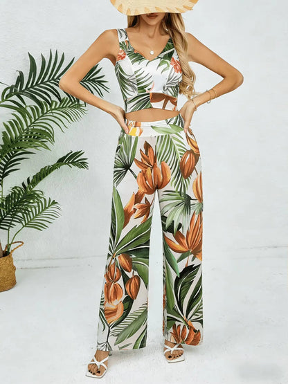 Women Sleeveless V-neck Tropical Print Satin High Waist Wide Leg 2 Piece Set. Boho Spring Summer Vacay Beach Lightweight Set.