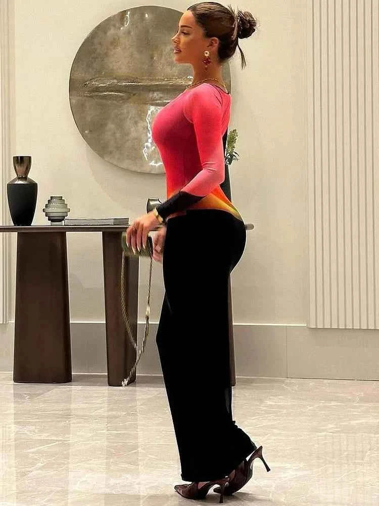 Weird Puss Sexy Patchwork Maxi Dress Women. Gradient Color o-Neck Full Sleeve Peach Hip Elegant Simple Evening Prom Party Bodycon.