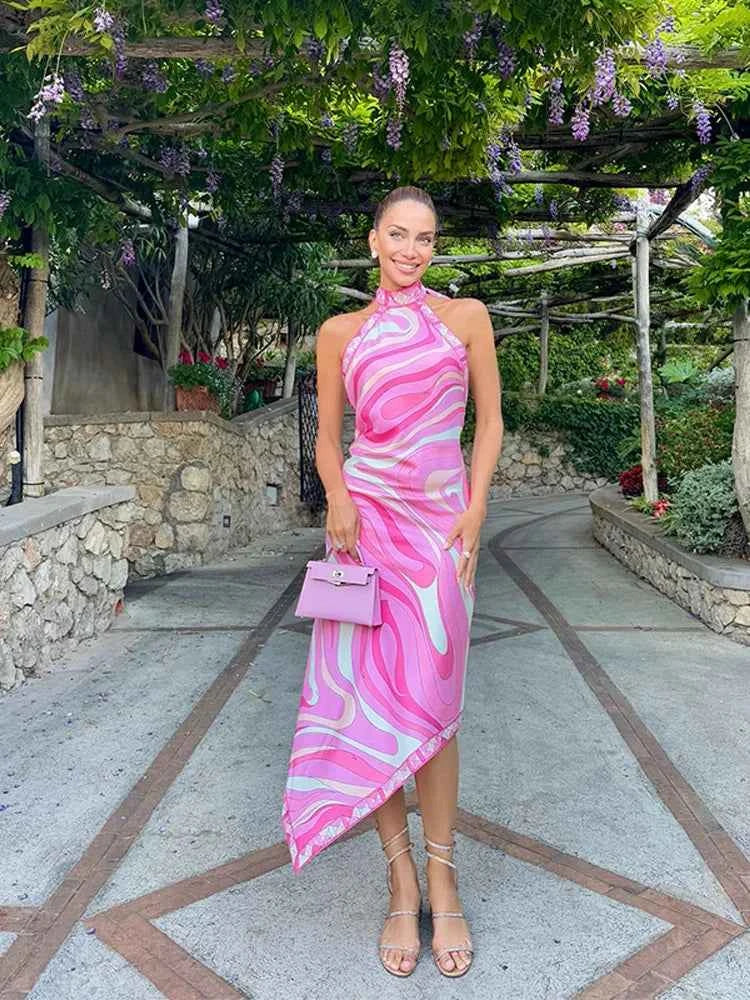 Summer Printed Women Crop Top. Metal Strap Backless Lace Up Tank Top. Chic Party Beach Strapless Shirt.