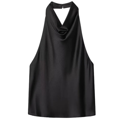 HXAO Satin Halter Top Women Summer 2025 Black Yellow Tanks & Camis Crop Smooth Off Shoulder Tank Top Sleeveless Backless Vests