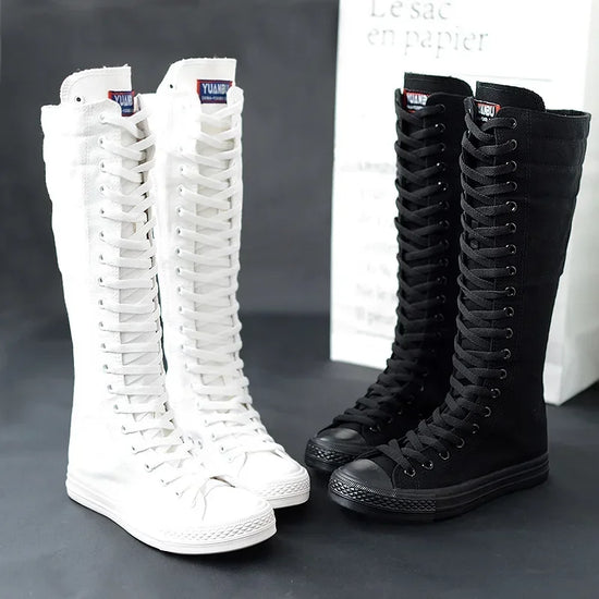 Canvas Long Boots for Women. High Top Women Canvas Shoes. Lace Up Knee High Boots. Flats Casual Vulcanized Shoes Sneakers Girls.