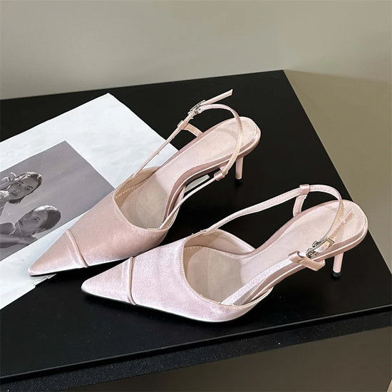 Spring Buckle Strap Women Pumps Sandals Fashion Shallow Thin Heels Pointed Toe Slingback Shoes.