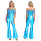 Women Metallic Shiny Dance Jumpsuit Sequin Tassel Sleeveless Bell Bottom Long Pants Bodysuit Romper for Jazz Music Festival.