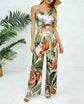 Women Sleeveless V-neck Tropical Print Satin High Waist Wide Leg 2 Piece Set. Boho Spring Summer Vacay Beach Lightweight Set.