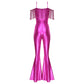 Women Metallic Shiny Dance Jumpsuit Sequin Tassel Sleeveless Bell Bottom Long Pants Bodysuit Romper for Jazz Music Festival.