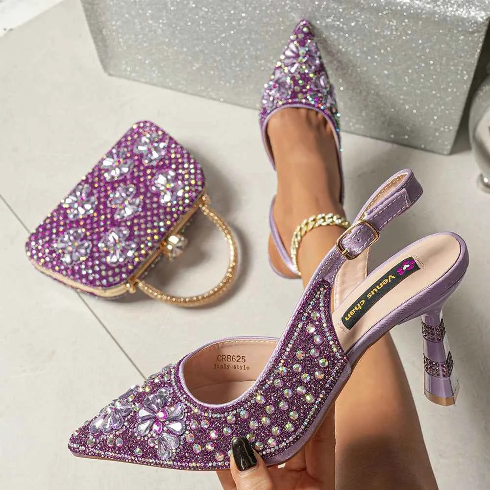 Women’s Purple High Heel Party Shoes and Rhinestone Handbag Set - Italian Design Wedding Style