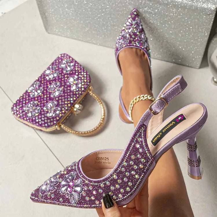 Women’s Purple High Heel Party Shoes and Rhinestone Handbag Set - Italian Design Wedding Style