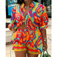Fashion Colorful Striped Printed Two Piece Set. Women Outfit Suit Casual Summer Button Up Long Sleeve Shirt and Shorts Set.