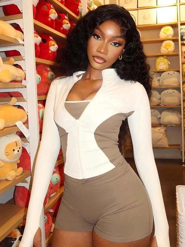 Weird Puss Casual 2piece Set Women Tracksuit Zip Contrast Patchwork Full Sleeve Jacket+Shorts Daily Simple Sporty Street Outfits