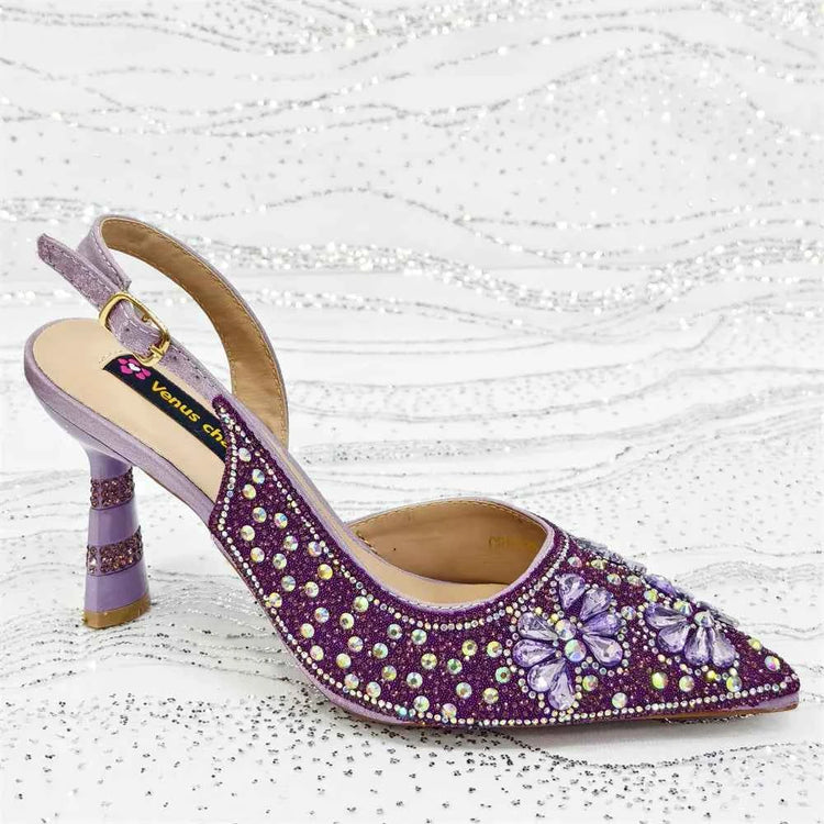 Women’s Purple High Heel Party Shoes and Rhinestone Handbag Set - Italian Design Wedding Style