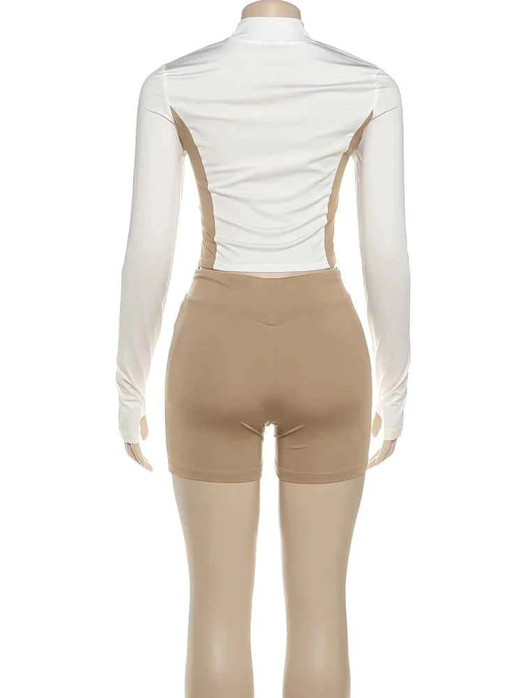 Weird Puss Casual 2piece Set Women Tracksuit Zip Contrast Patchwork Full Sleeve Jacket+Shorts Daily Simple Sporty Street Outfits