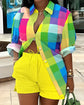 Fashion Colorful Striped Printed Two Piece Set. Women Outfit Suit Casual Summer Button Up Long Sleeve Shirt and Shorts Set.