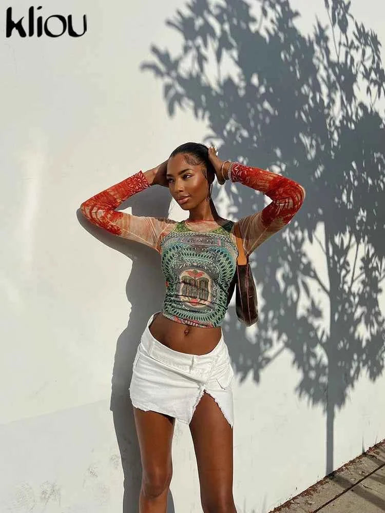 Kliou Mesh Dollar Print Classic T-Shirt Women Casual Aesthetic O-neck Long Sleeve Skinny Tops Hipster Female Gorgeous Attirewear