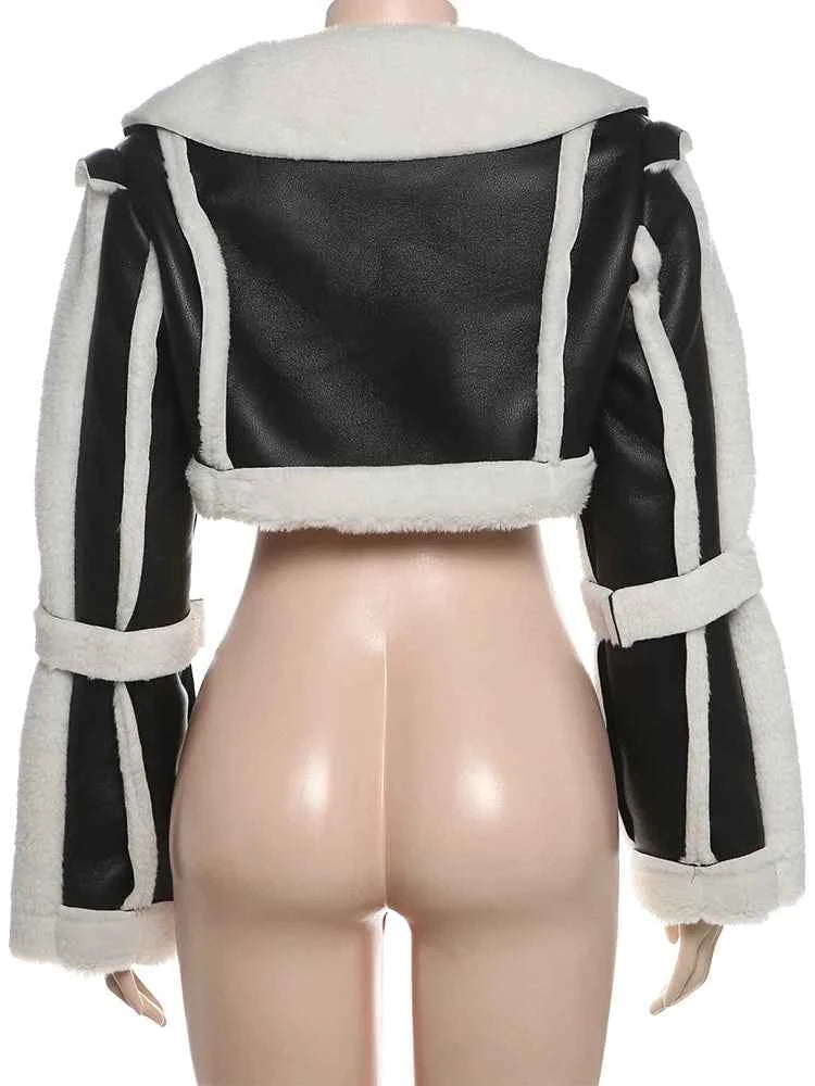 Weird Puss Furry Patchwork Women Crop Jacket Hipster Full Sleeve Open Stitch Hipster Streetwear Warm Outwear Basic Wild Coat