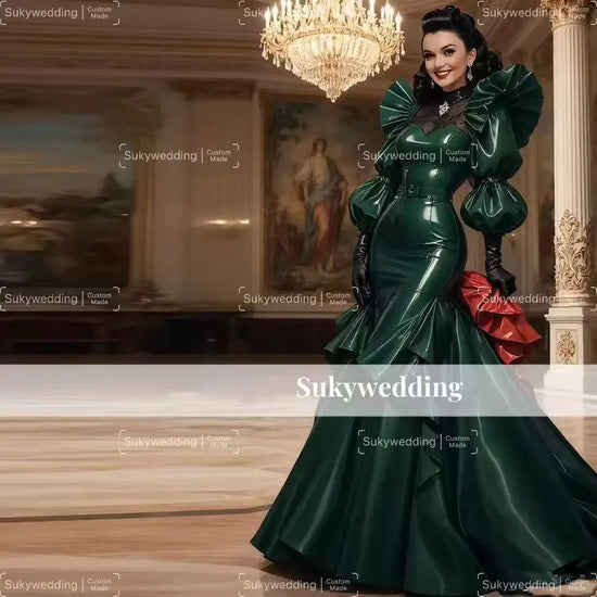 Victoran Green PU Prom Dress Long Sleeves Ruffles Shiny Gothi Masquerade Costume Corset Lace-up Evening Gown Cosplay Customized