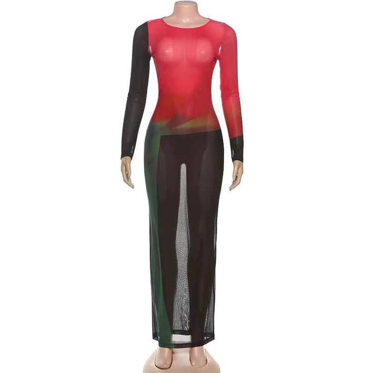 Weird Puss Sexy Patchwork Maxi Dress Women. Gradient Color o-Neck Full Sleeve Peach Hip Elegant Simple Evening Prom Party Bodycon.