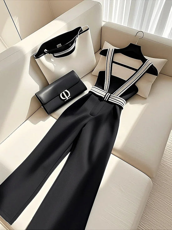 Fashion Black Jumpsuit Women Elegance Strap Camisole Wide Leg Pant Jumpsuit Summer Frence Office Lady Design Style Formal