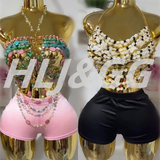 Sexy Beading Camisole Vest Hollow Out Two Piece Sets Women Sleeveless Backless Irregular Top And Shorts Club Streetwear