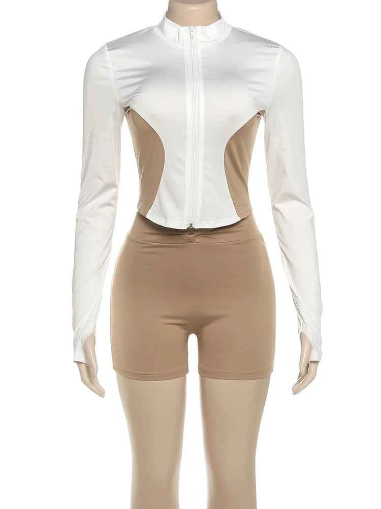 Weird Puss Casual 2piece Set Women Tracksuit Zip Contrast Patchwork Full Sleeve Jacket+Shorts Daily Simple Sporty Street Outfits