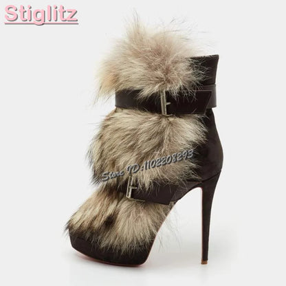 Retro Faux Fur Ankle Boots.  Pointed Toe Buckle Straps Slip-on Thin High Heels Boots 2025 Autumn New Women Fashion Modern Shoes.