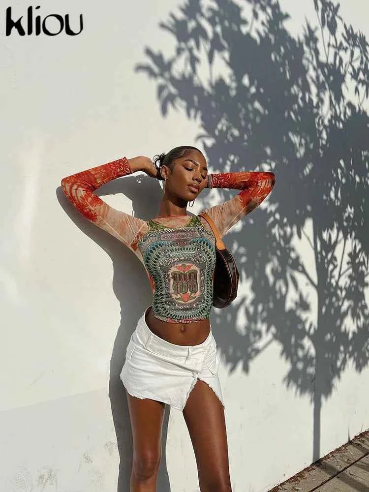Kliou Mesh Dollar Print Classic T-Shirt Women Casual Aesthetic O-neck Long Sleeve Skinny Tops Hipster Female Gorgeous Attirewear