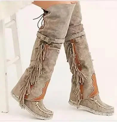Fashion Bohemia Knee-length Women Boots Ethnic Personality High Boots Tassels Faux Suede Boots Girl Flat Bottom Long Botas Mujer.