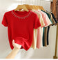 Knitted T-shirt Women Top. Solid Tank Y2K Summer New Fashion Female Sleeveless Beading Casual Thin Tops
