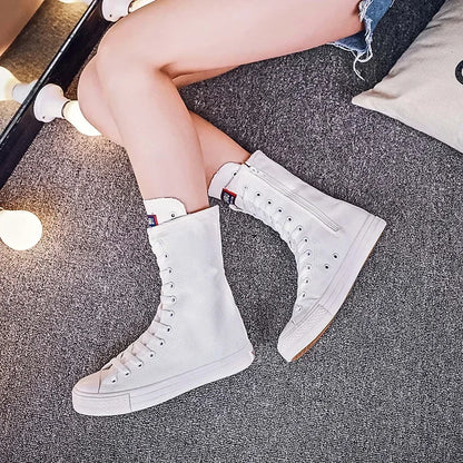 Canvas Long Boots for Women. High Top Women Canvas Shoes. Lace Up Knee High Boots. Flats Casual Vulcanized Shoes Sneakers Girls.
