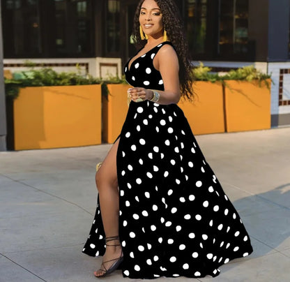 V neck dress with polka dots.Sexy Deep V Neck Polka Dot Long Dress For Women.  Summer Boho Sleeveless Slim Print Side Slit Party Maxi Dresses.