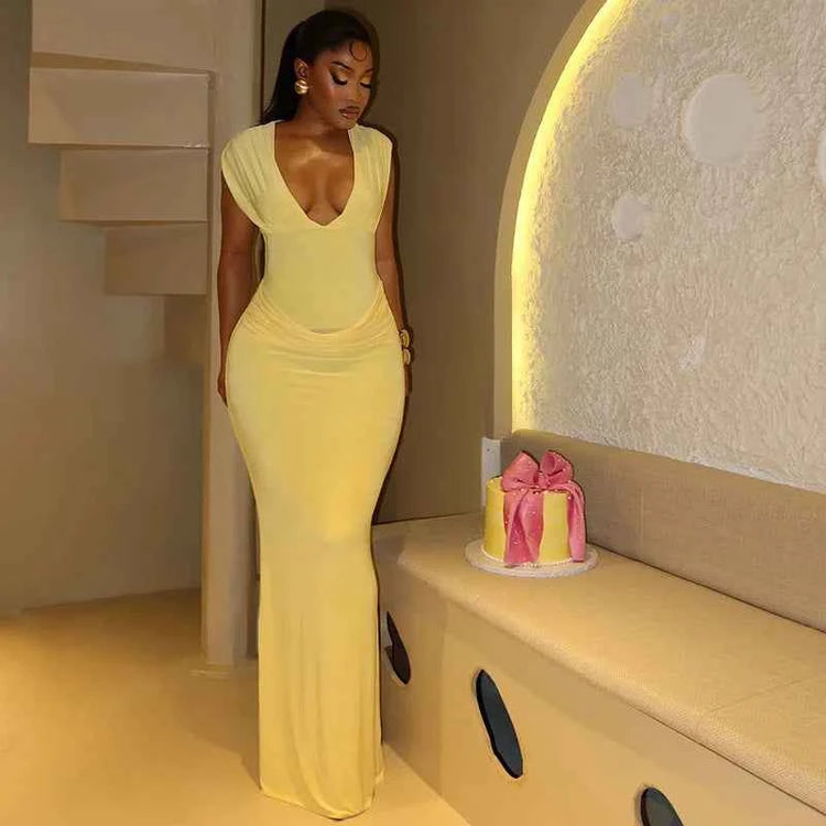 Sexy Ruched Bodycon Maxi Dress Women Solid Sleeveless V-Neck Slim Long Dresses Female Party Evening Clubwaer Evening 2026