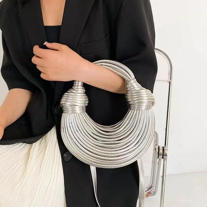 Handbags for Women.  New Gold Luxury Designer Brand Bag. Handwoven Noodle Bags. Rope Knotted Pulled Hobo Silver Evening Clutch Chic.