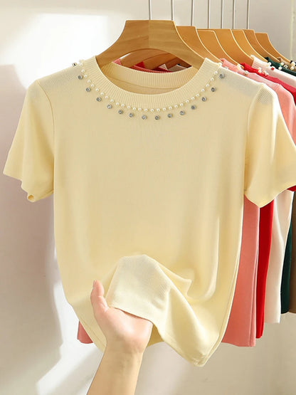 Knitted T-shirt Women Top. Solid Tank Y2K Summer New Fashion Female Sleeveless Beading Casual Thin Tops