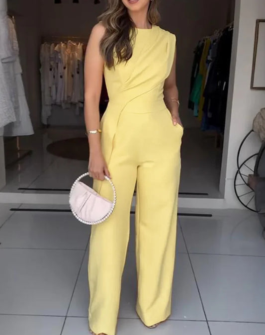 Women's Jumpsuit Fashion 2025 New Sleeveless Ruched Irregular Jumpsuit with Pockets Simple Commuting Style Elegant Jumpsuit
