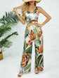 Women Sleeveless V-neck Tropical Print Satin High Waist Wide Leg 2 Piece Set. Boho Spring Summer Vacay Beach Lightweight Set.
