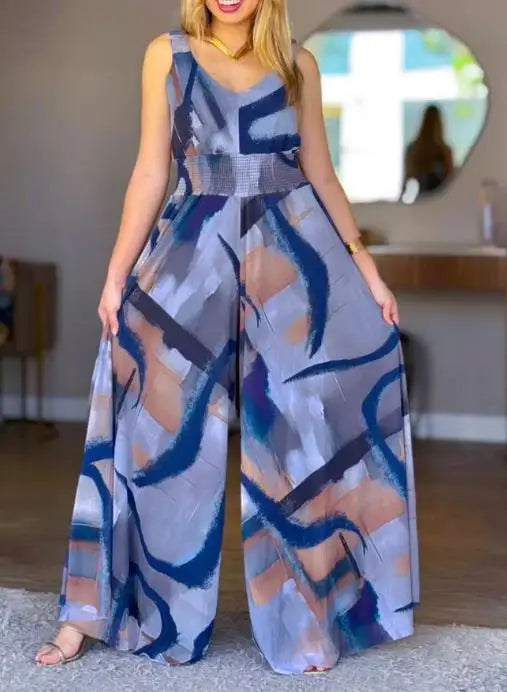 Jumpsuit Women Vintage Abstract Print V-Neck Thick Straps High Waist Backless Overalls Casual Shirred Waist Wide Leg Jumpsuit