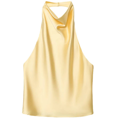HXAO Satin Halter Top Women Summer 2025 Black Yellow Tanks & Camis Crop Smooth Off Shoulder Tank Top Sleeveless Backless Vests