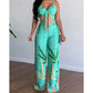 Summer Women Tropical Print Spaghetti Strap Two Piece. Casual Lace up Back Top & High Waist Pants Set 2 Pieces Suit Sets Woman Clothing.