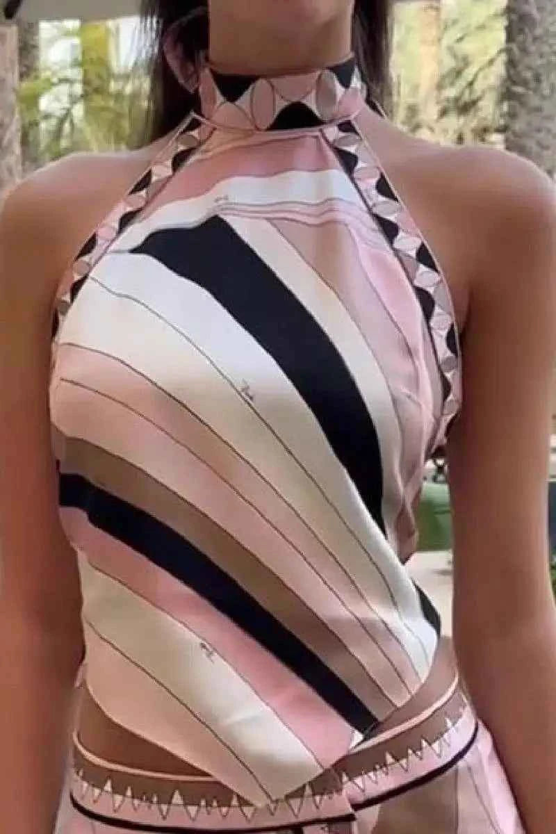 Summer Printed Women Crop Top. Metal Strap Backless Lace Up Tank Top. Chic Party Beach Strapless Shirt.