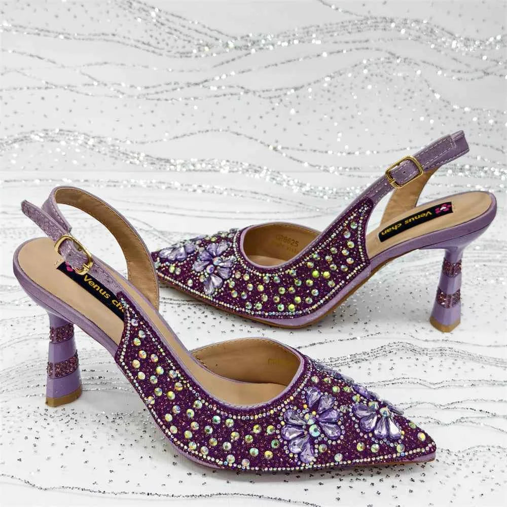 Women’s Purple High Heel Party Shoes and Rhinestone Handbag Set - Italian Design Wedding Style