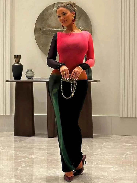 Weird Puss Sexy Patchwork Maxi Dress Women. Gradient Color o-Neck Full Sleeve Peach Hip Elegant Simple Evening Prom Party Bodycon.