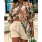 Fashion Colorful Striped Printed Two Piece Set. Women Outfit Suit Casual Summer Button Up Long Sleeve Shirt and Shorts Set.