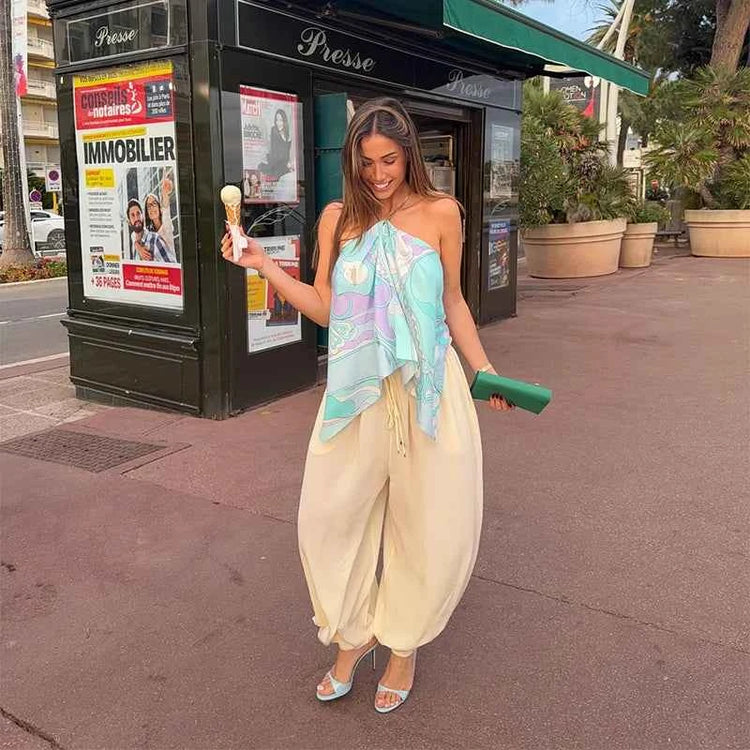 Summer Printed Women Crop Top. Metal Strap Backless Lace Up Tank Top. Chic Party Beach Strapless Shirt.