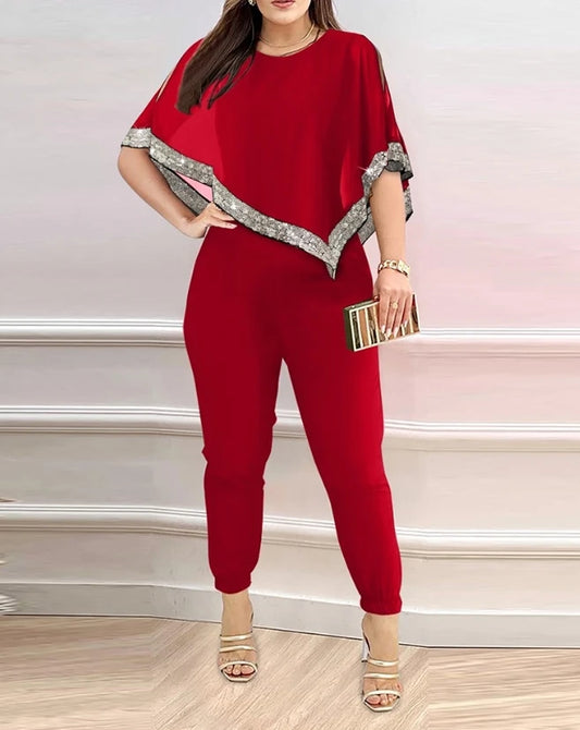 Jumpsuit for Women 2023 Autumn Fashion Party Overalls Contrast Sequin Cape Sleeve Tape Patch Elegant Work Bodycon Jumpsuits