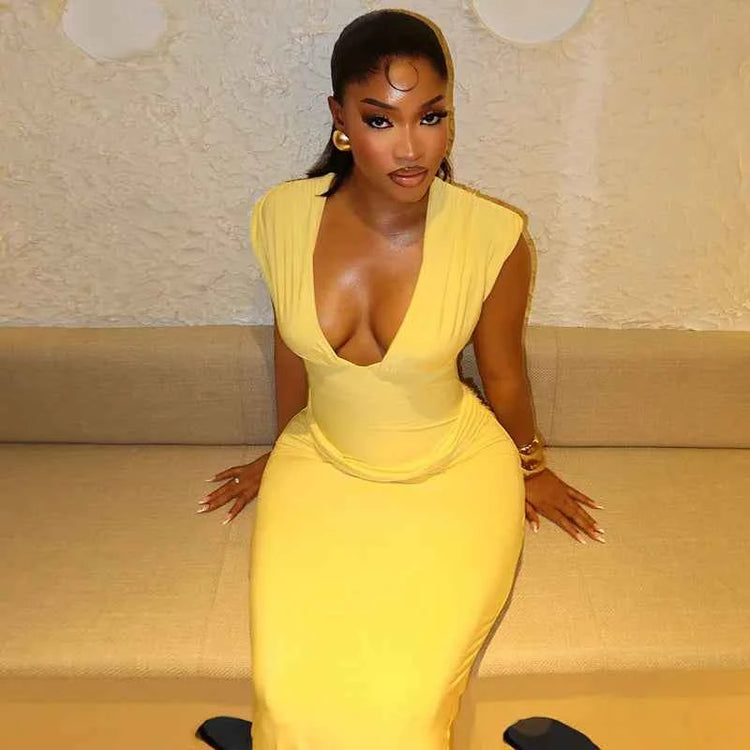 Sexy Ruched Bodycon Maxi Dress Women Solid Sleeveless V-Neck Slim Long Dresses Female Party Evening Clubwaer Evening 2026