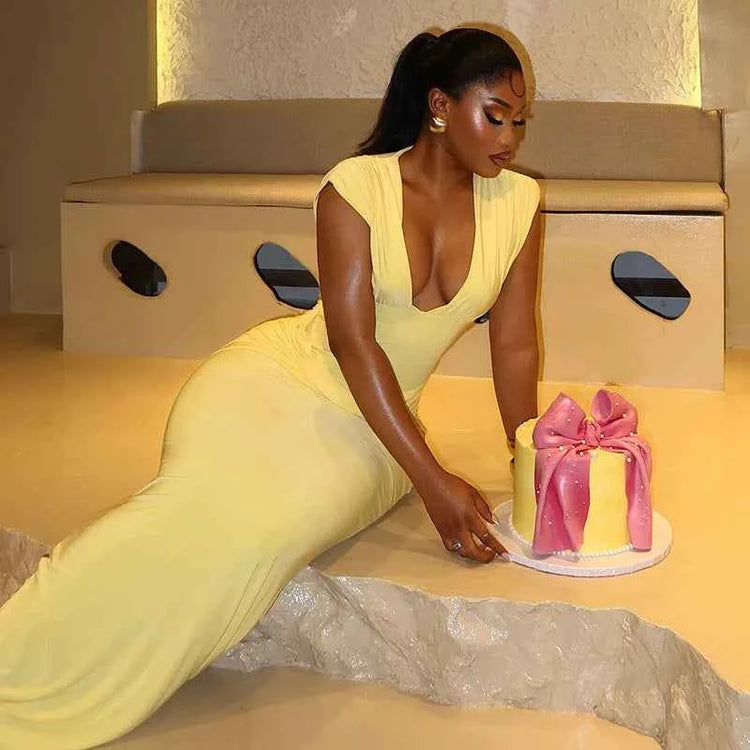 Sexy Ruched Bodycon Maxi Dress Women Solid Sleeveless V-Neck Slim Long Dresses Female Party Evening Clubwaer Evening 2026