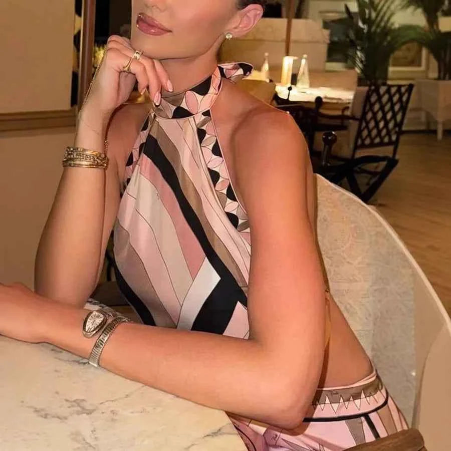 Summer Printed Women Crop Top. Metal Strap Backless Lace Up Tank Top. Chic Party Beach Strapless Shirt.