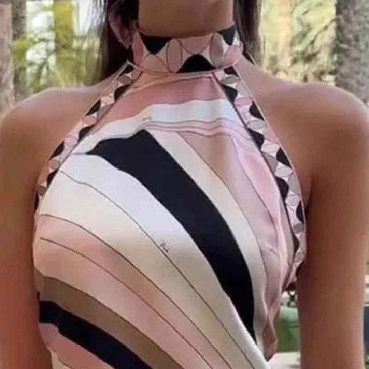 Summer Printed Women Crop Top. Metal Strap Backless Lace Up Tank Top. Chic Party Beach Strapless Shirt.