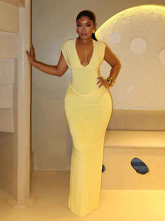 Sexy Ruched Bodycon Maxi Dress Women Solid Sleeveless V-Neck Slim Long Dresses Female Party Evening Clubwaer Evening 2026