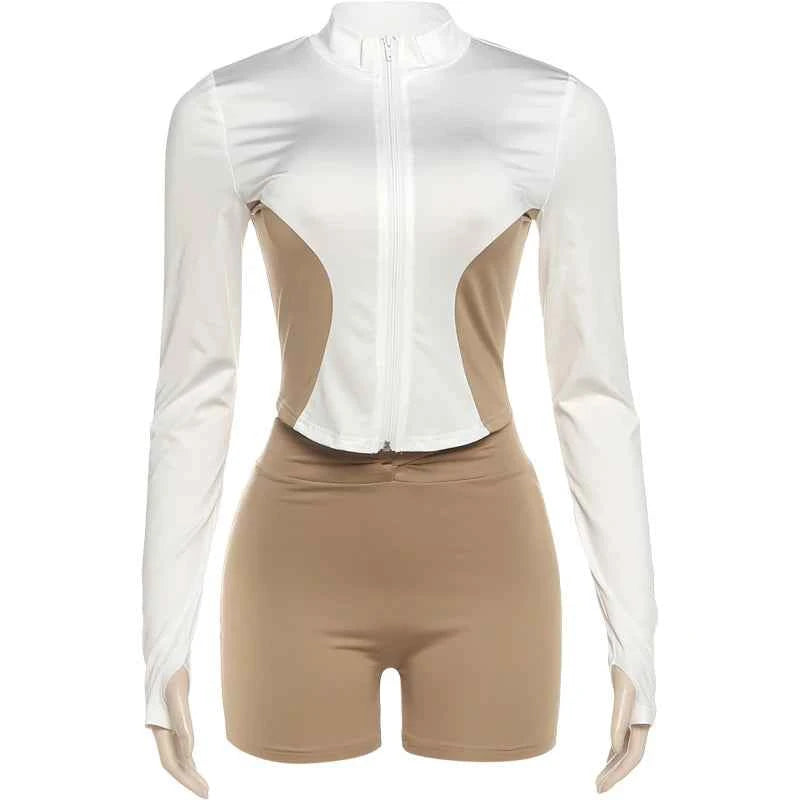 Weird Puss Casual 2piece Set Women Tracksuit Zip Contrast Patchwork Full Sleeve Jacket+Shorts Daily Simple Sporty Street Outfits